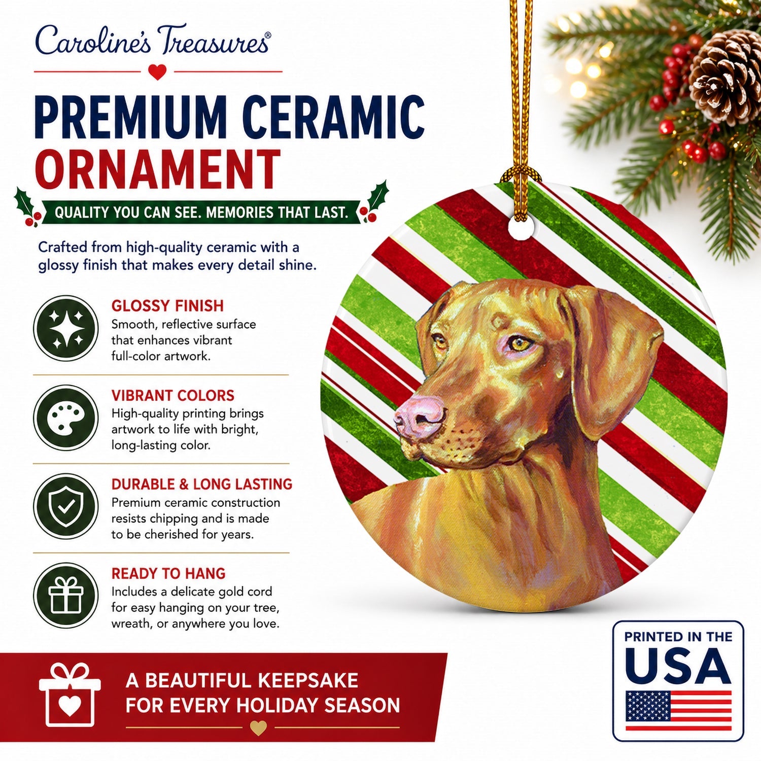 Vizsla Candy Cane Holiday Christmas Ceramic Ornament Christmas Tree Hanging Decorations for Home Christmas Holiday, Party, Gift, 3 in, Multicolor