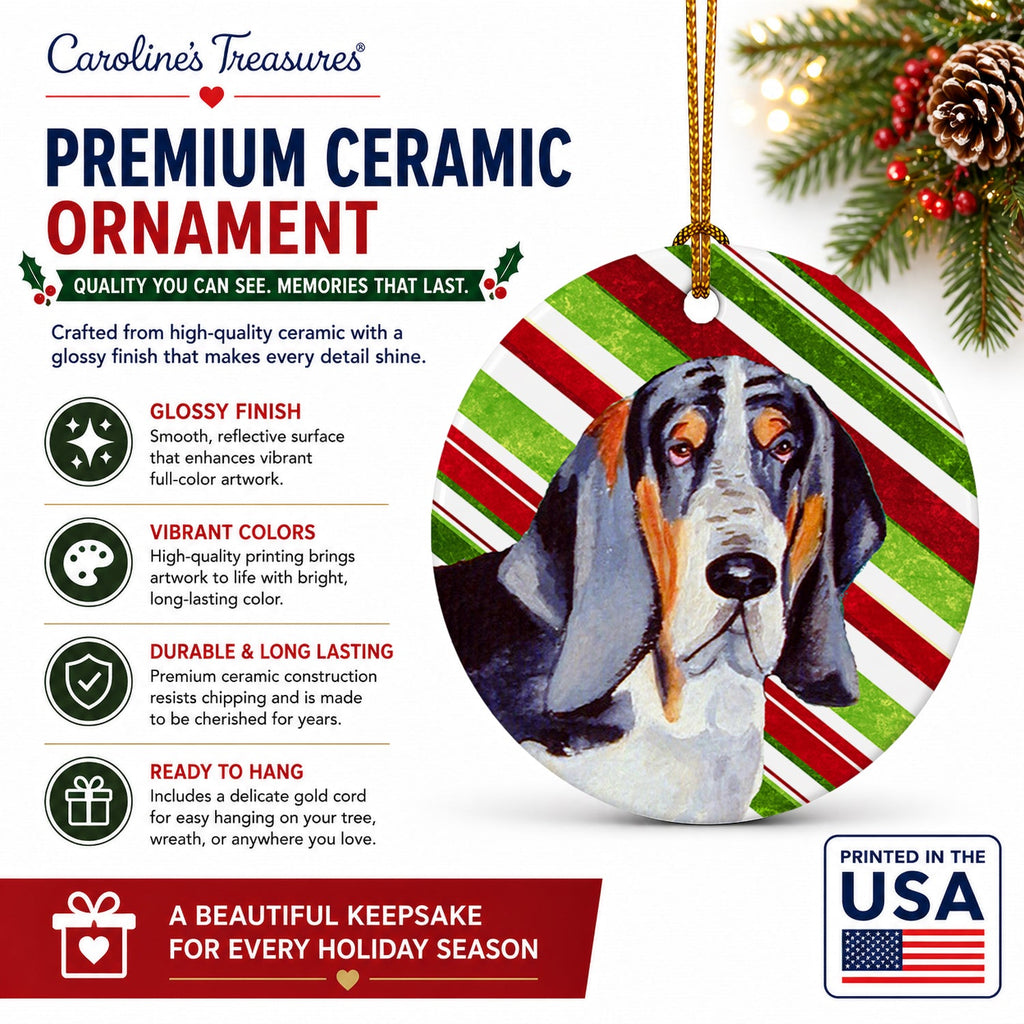 Basset Hound Candy Cane Holiday Christmas Ceramic Ornament Christmas Tree Hanging Decorations for Home Christmas Holiday, Party, Gift, 3 in, Multicolor