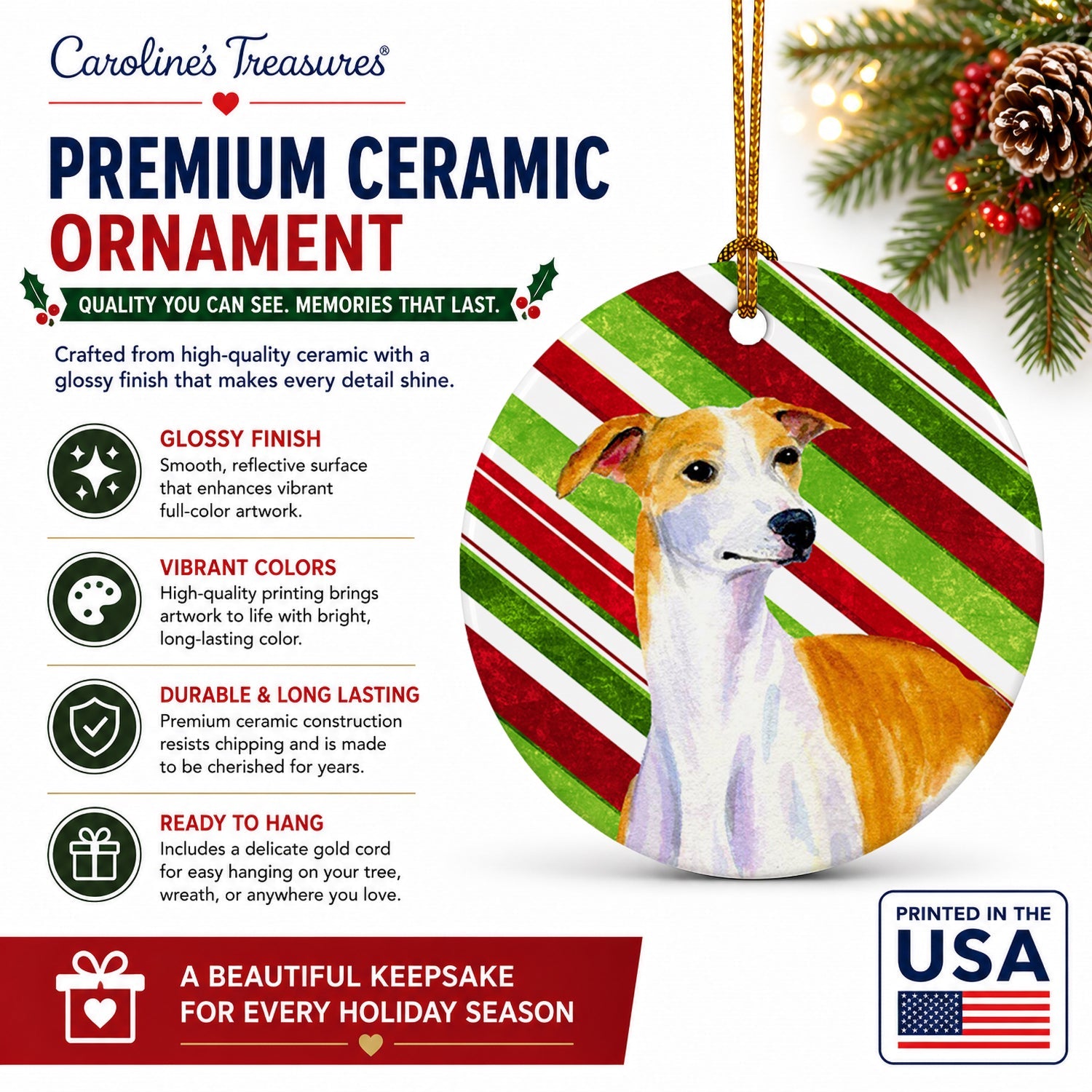 Whippet Candy Cane Holiday Christmas Ceramic Ornament Christmas Tree Hanging Decorations for Home Christmas Holiday, Party, Gift, 3 in, Multicolor