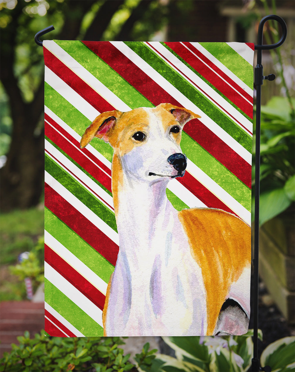 Whippet Candy Cane Holiday Christmas Garden Flag Mailbox Decorative Yard Banner Outside Patio Artwork for Flower Beds, Garden Size, Multicolor