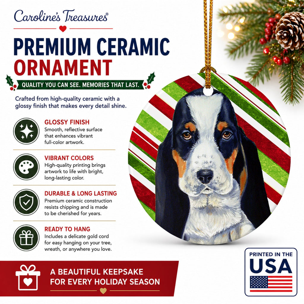 Basset Hound Candy Cane Holiday Christmas Ceramic Ornament Christmas Tree Hanging Decorations for Home Christmas Holiday, Party, Gift, 3 in, Multicolor