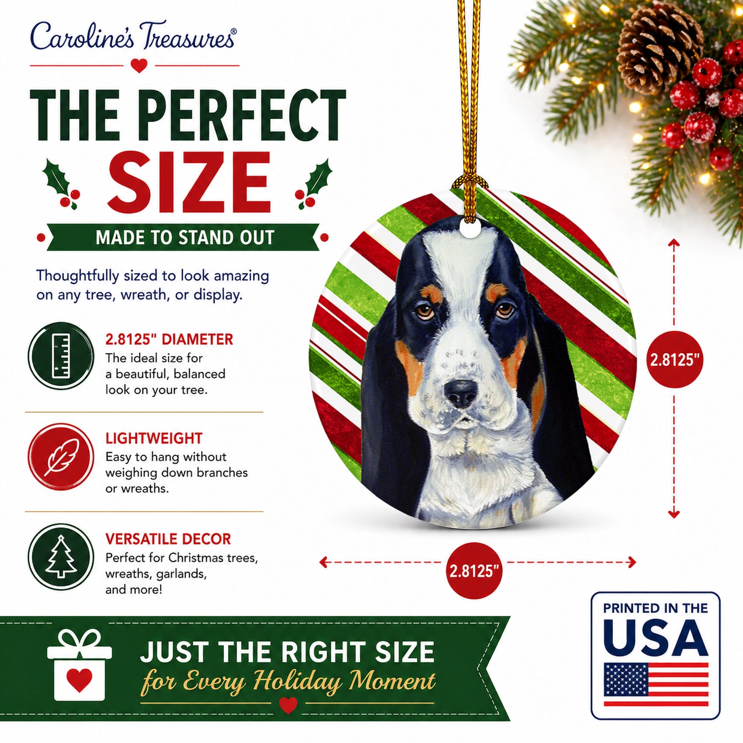 Basset Hound Candy Cane Holiday Christmas Ceramic Ornament Christmas Tree Hanging Decorations for Home Christmas Holiday, Party, Gift, 3 in, Multicolor