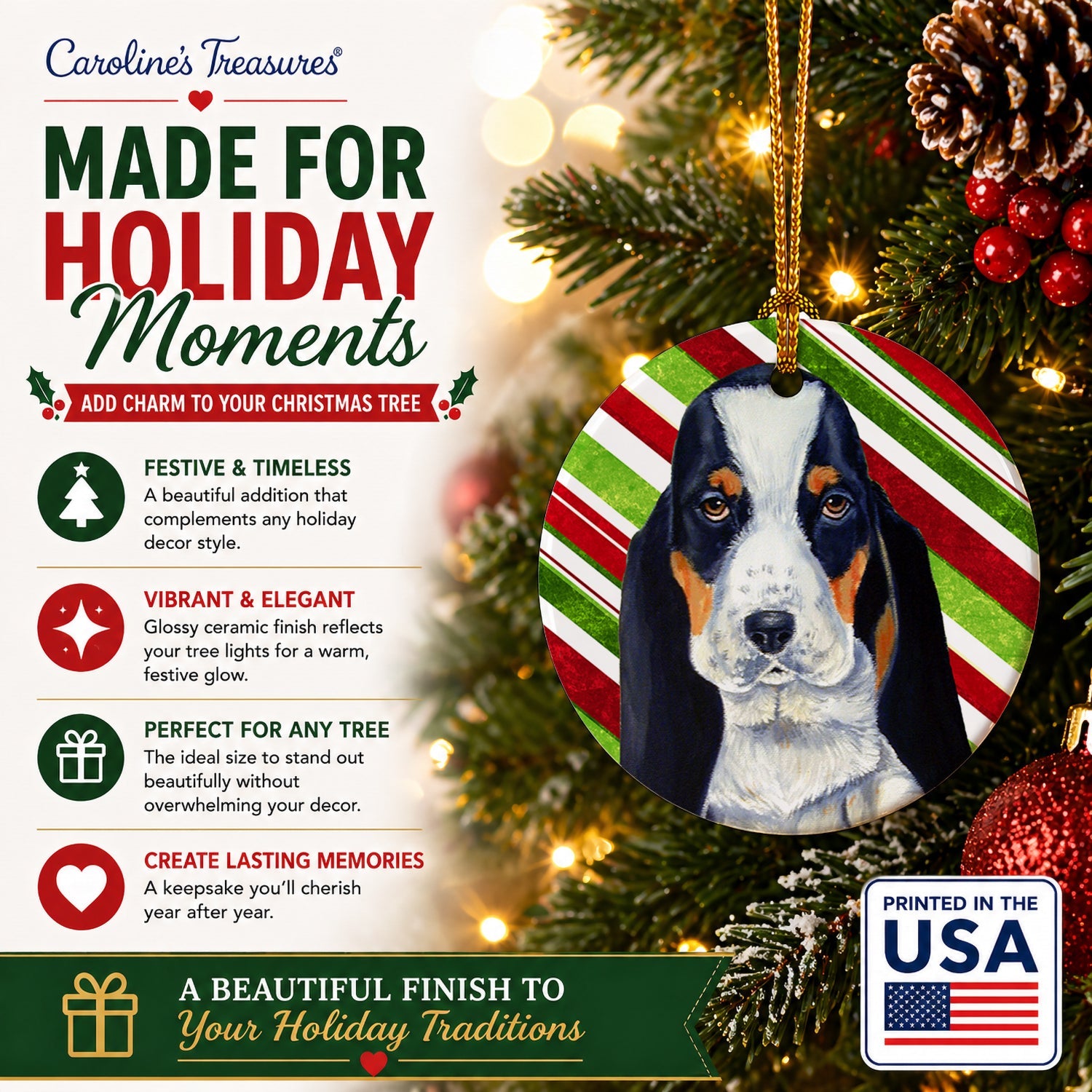 Basset Hound Candy Cane Holiday Christmas Ceramic Ornament Christmas Tree Hanging Decorations for Home Christmas Holiday, Party, Gift, 3 in, Multicolor