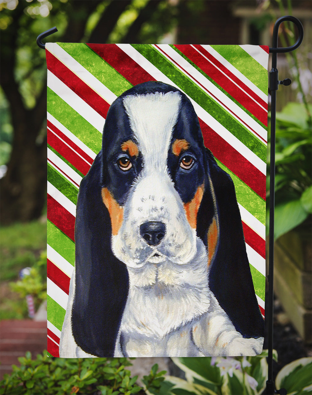 Basset Hound Candy Cane Holiday Christmas Garden Flag Mailbox Decorative Yard Banner Outside Patio Artwork for Flower Beds, Garden Size, Multicolor