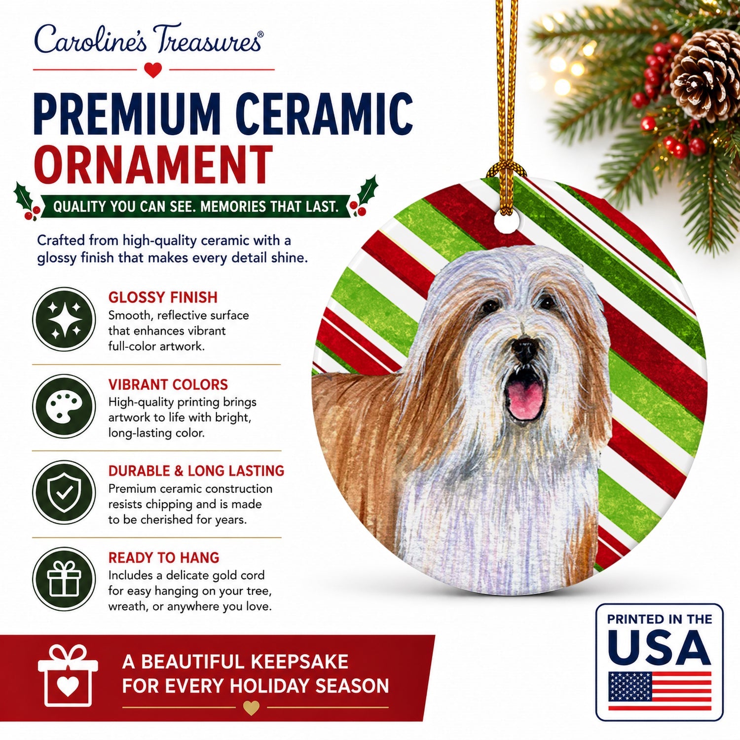Bearded Collie Candy Cane Holiday Christmas Ceramic Ornament Christmas Tree Hanging Decorations for Home Christmas Holiday, Party, Gift, 3 in, Multicolor