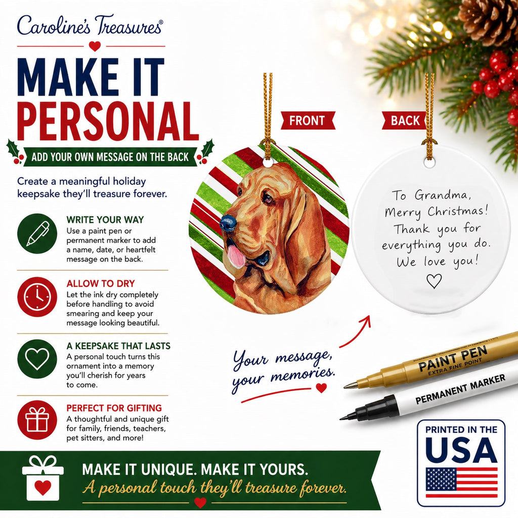 Bloodhound Candy Cane Holiday Christmas Ceramic Ornament Christmas Tree Hanging Decorations for Home Christmas Holiday, Party, Gift, 3 in, Multicolor