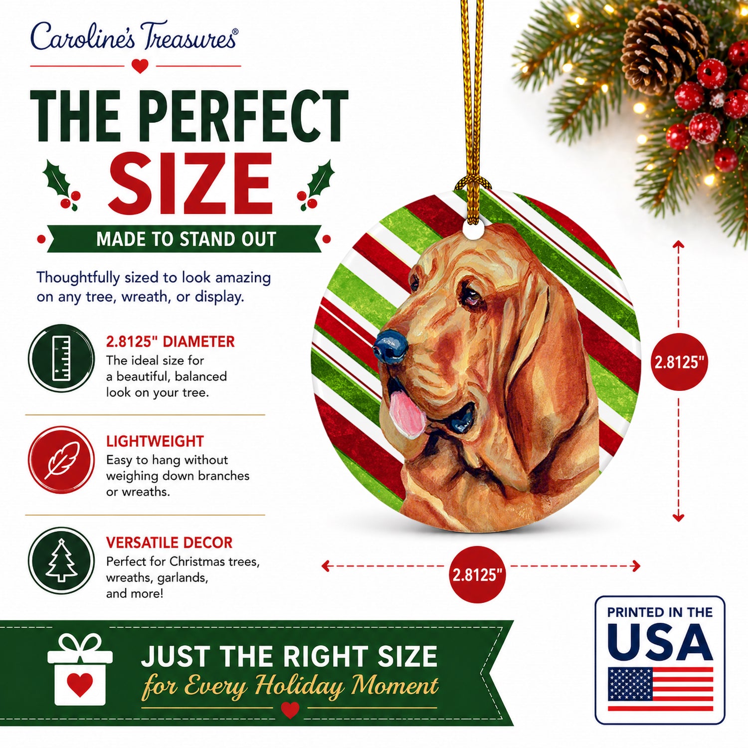Bloodhound Candy Cane Holiday Christmas Ceramic Ornament Christmas Tree Hanging Decorations for Home Christmas Holiday, Party, Gift, 3 in, Multicolor
