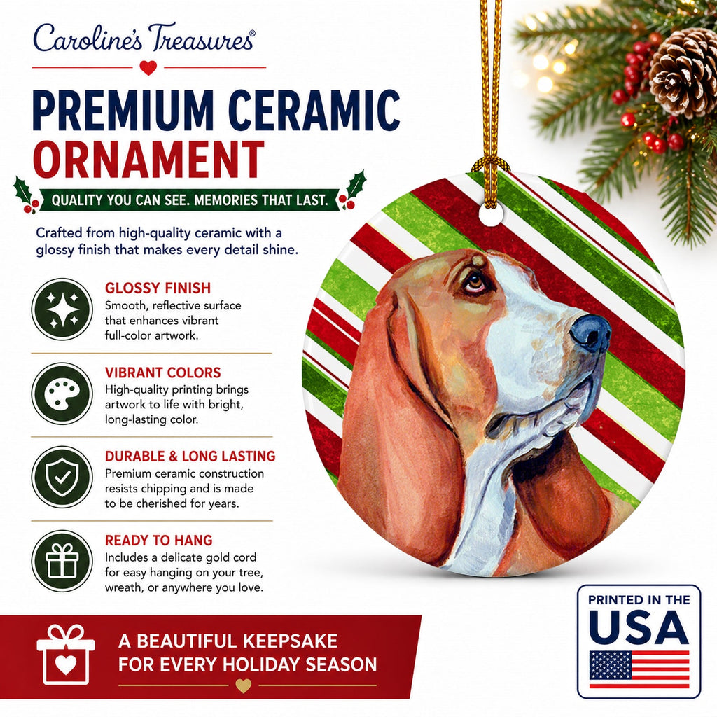 Basset Hound Candy Cane Holiday Christmas Ceramic Ornament Christmas Tree Hanging Decorations for Home Christmas Holiday, Party, Gift, 3 in, Multicolor