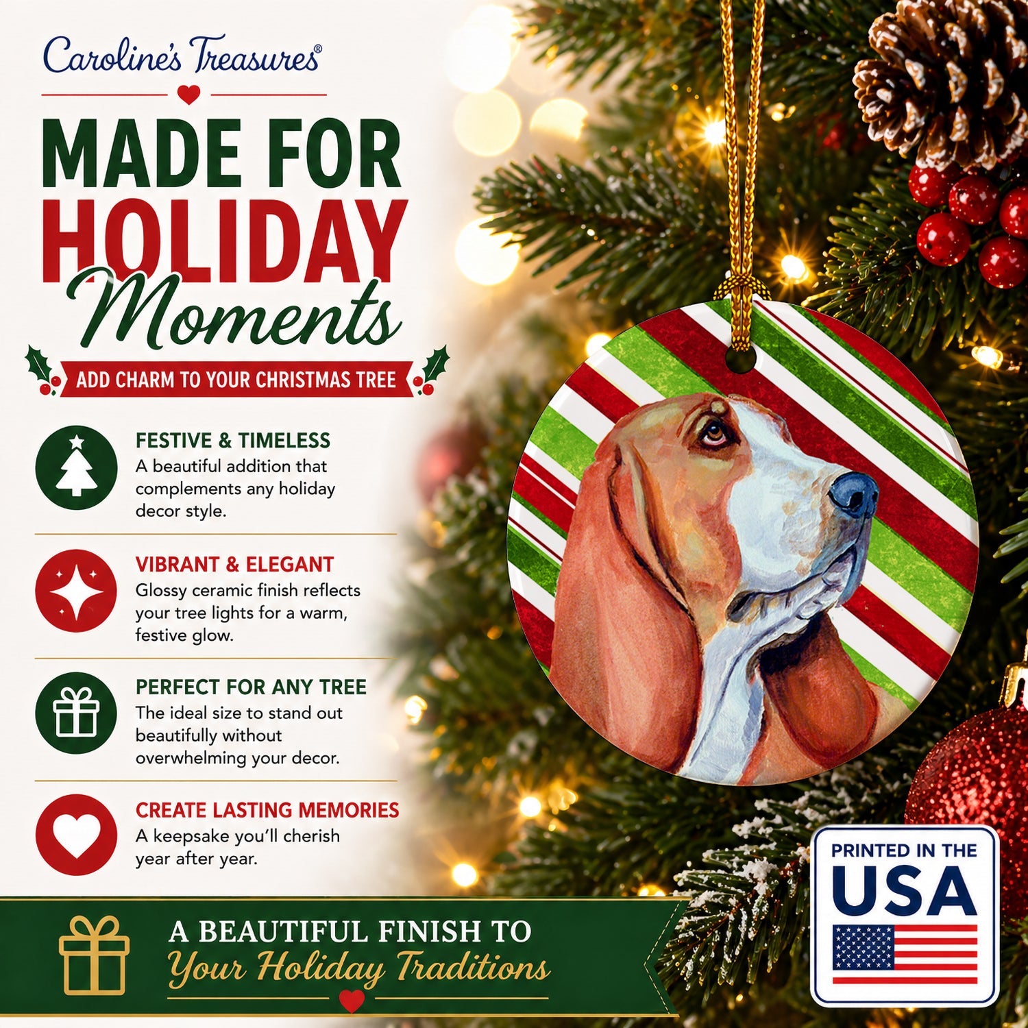 Basset Hound Candy Cane Holiday Christmas Ceramic Ornament Christmas Tree Hanging Decorations for Home Christmas Holiday, Party, Gift, 3 in, Multicolor