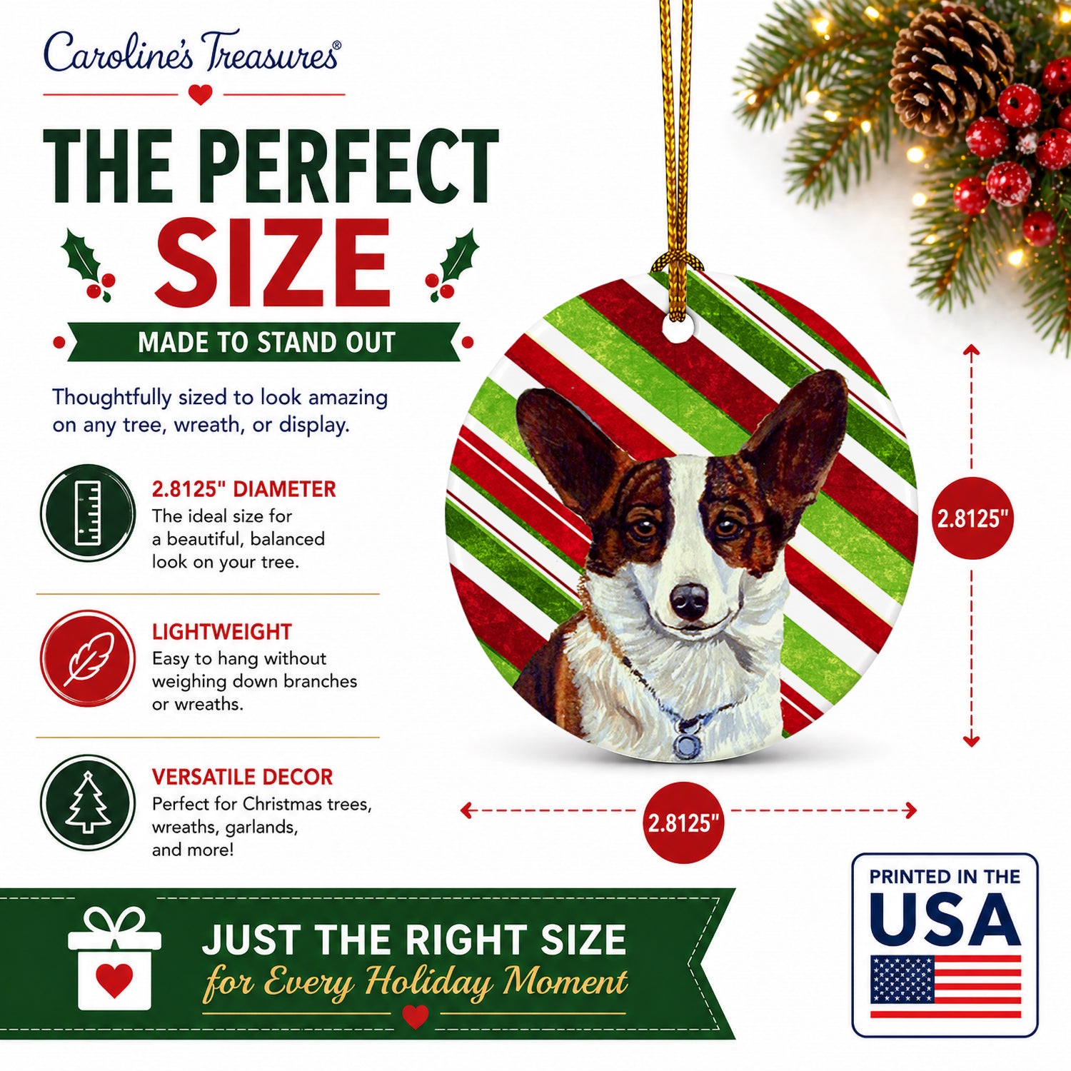 Corgi Candy Cane Holiday Christmas Ceramic Ornament Christmas Tree Hanging Decorations for Home Christmas Holiday, Party, Gift, 3 in, Multicolor