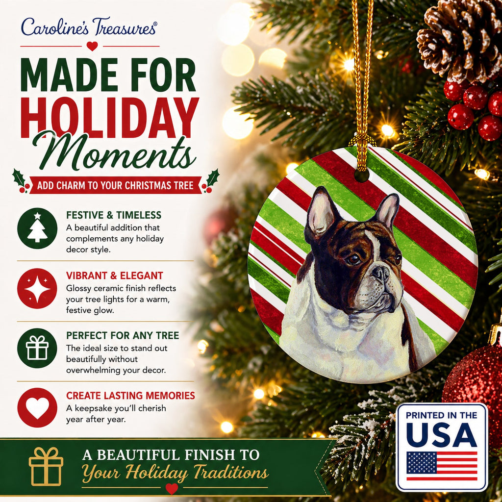 French Bulldog Candy Cane Holiday Christmas Ceramic Ornament Christmas Tree Hanging Decorations for Home Christmas Holiday, Party, Gift, 3 in, Multicolor