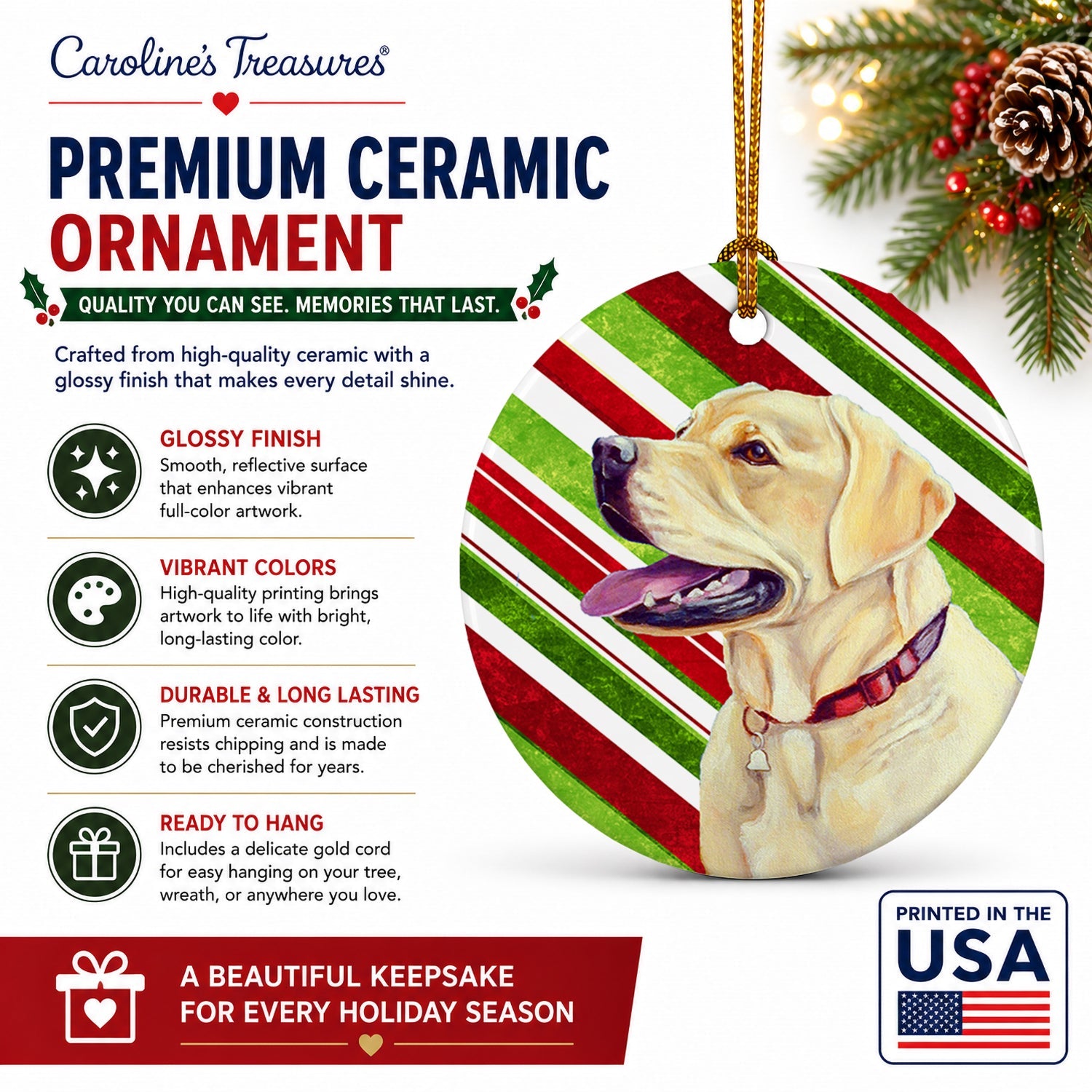 Labrador Candy Cane Holiday Christmas Ceramic Ornament Christmas Tree Hanging Decorations for Home Christmas Holiday, Party, Gift, 3 in, Multicolor