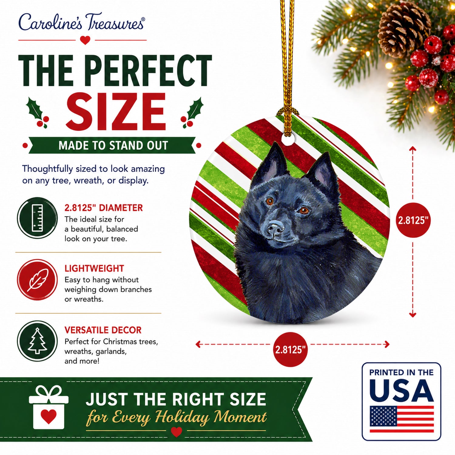 Schipperke Candy Cane Holiday Christmas Ceramic Ornament Christmas Tree Hanging Decorations for Home Christmas Holiday, Party, Gift, 3 in, Multicolor