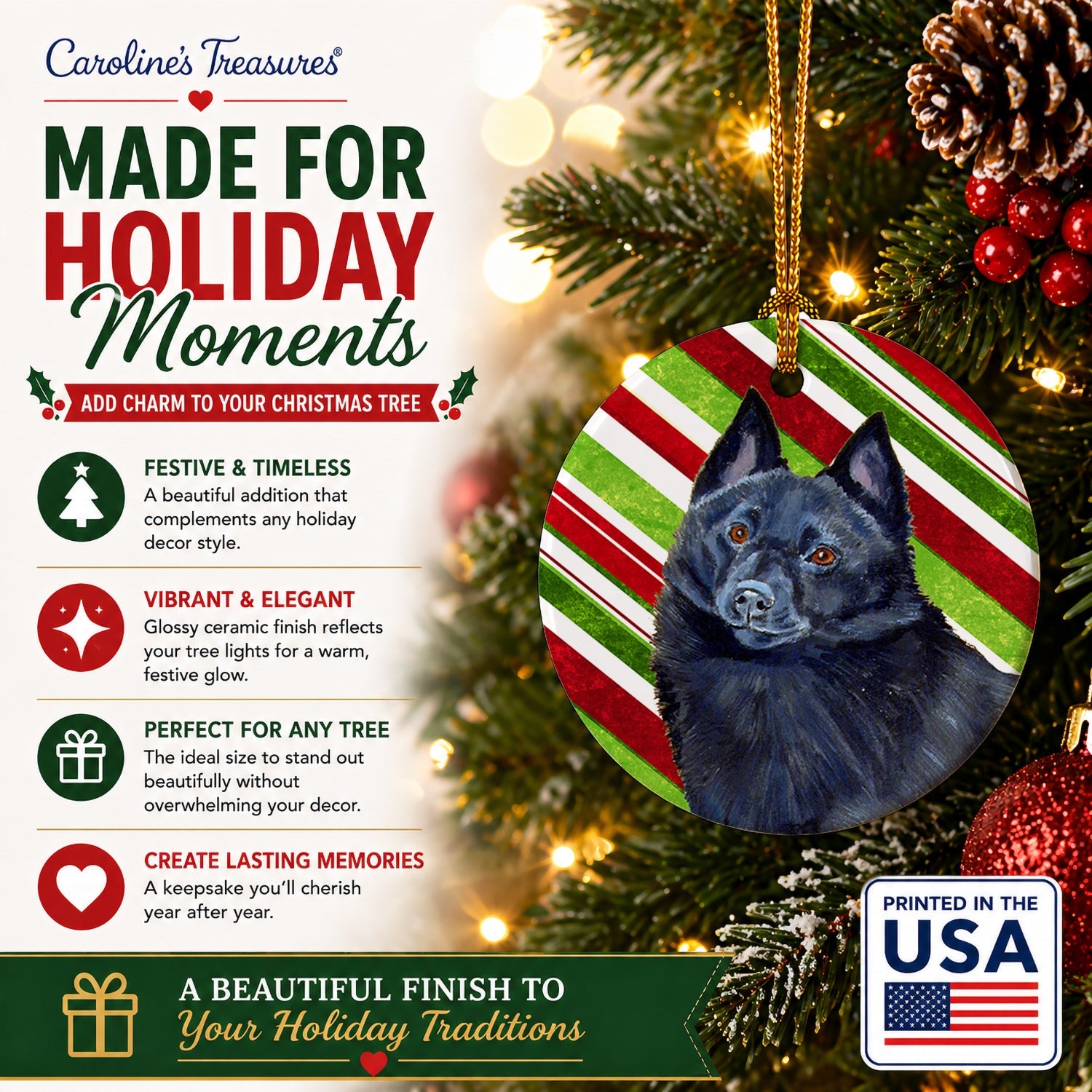 Schipperke Candy Cane Holiday Christmas Ceramic Ornament Christmas Tree Hanging Decorations for Home Christmas Holiday, Party, Gift, 3 in, Multicolor