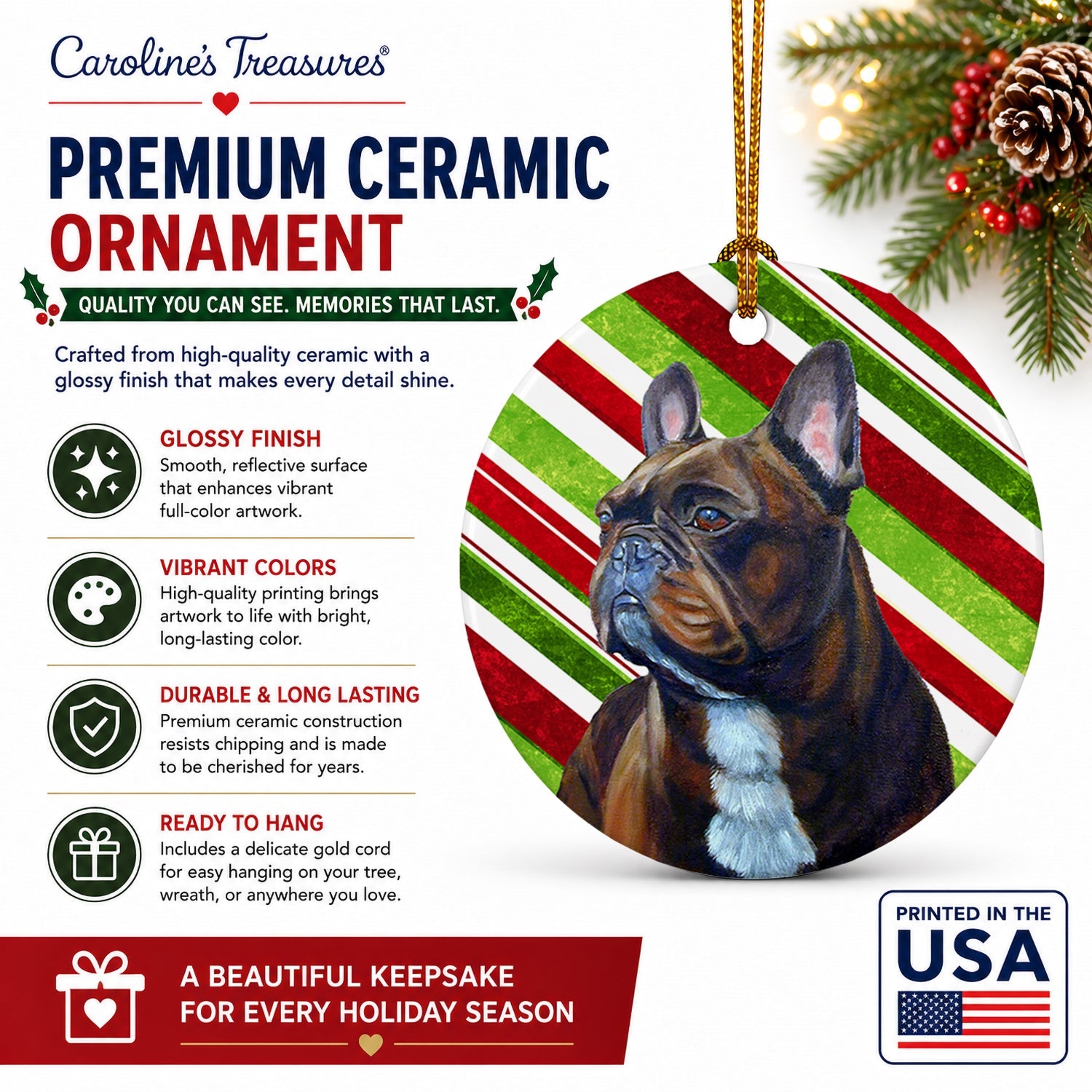 French Bulldog Candy Cane Holiday Christmas Ceramic Ornament Christmas Tree Hanging Decorations for Home Christmas Holiday, Party, Gift, 3 in, Multicolor