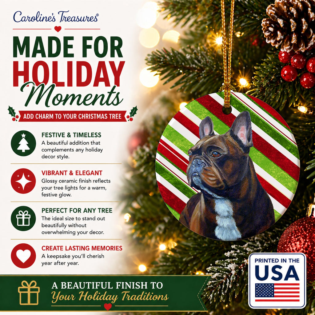French Bulldog Candy Cane Holiday Christmas Ceramic Ornament Christmas Tree Hanging Decorations for Home Christmas Holiday, Party, Gift, 3 in, Multicolor