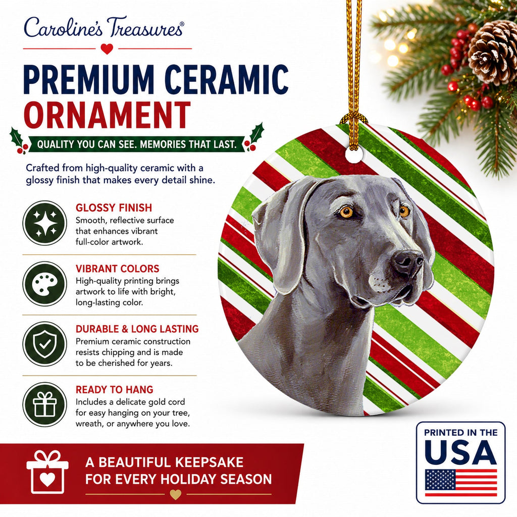 Weimaraner Candy Cane Holiday Christmas Ceramic Ornament Christmas Tree Hanging Decorations for Home Christmas Holiday, Party, Gift, 3 in, Multicolor