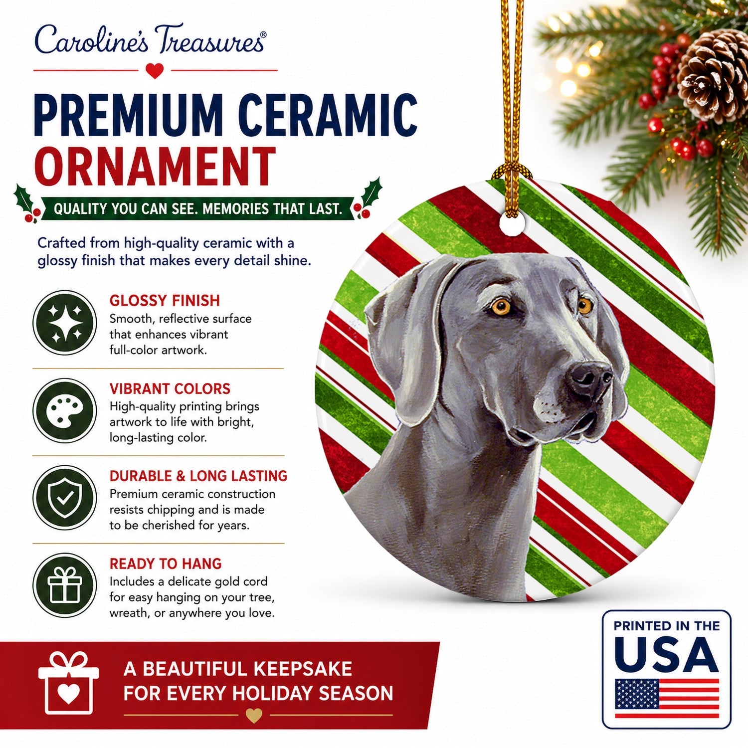 Weimaraner Candy Cane Holiday Christmas Ceramic Ornament Christmas Tree Hanging Decorations for Home Christmas Holiday, Party, Gift, 3 in, Multicolor