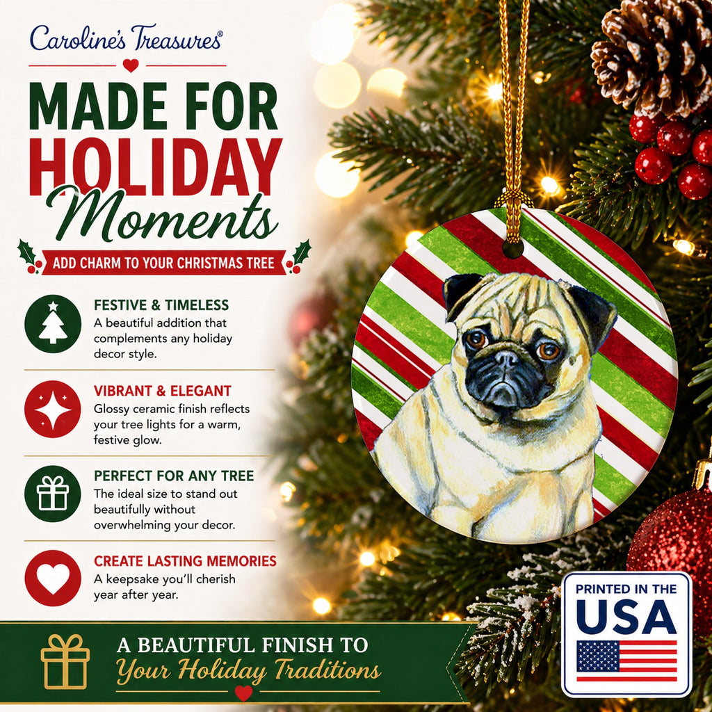Pug Candy Cane Holiday Christmas Ceramic Ornament Christmas Tree Hanging Decorations for Home Christmas Holiday, Party, Gift, 3 in, Multicolor