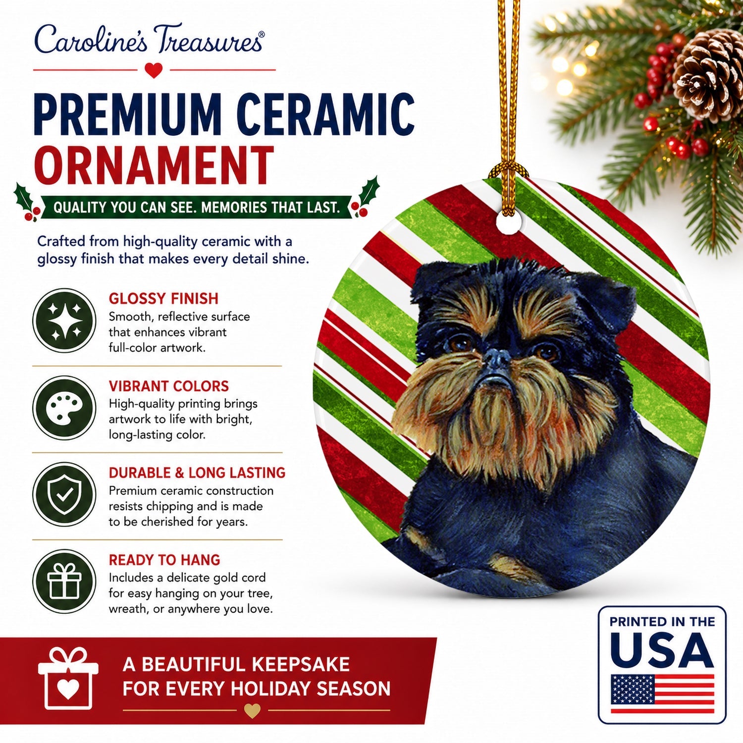 Brussels Griffon Candy Cane Holiday Christmas Ceramic Ornament Christmas Tree Hanging Decorations for Home Christmas Holiday, Party, Gift, 3 in, Multicolor