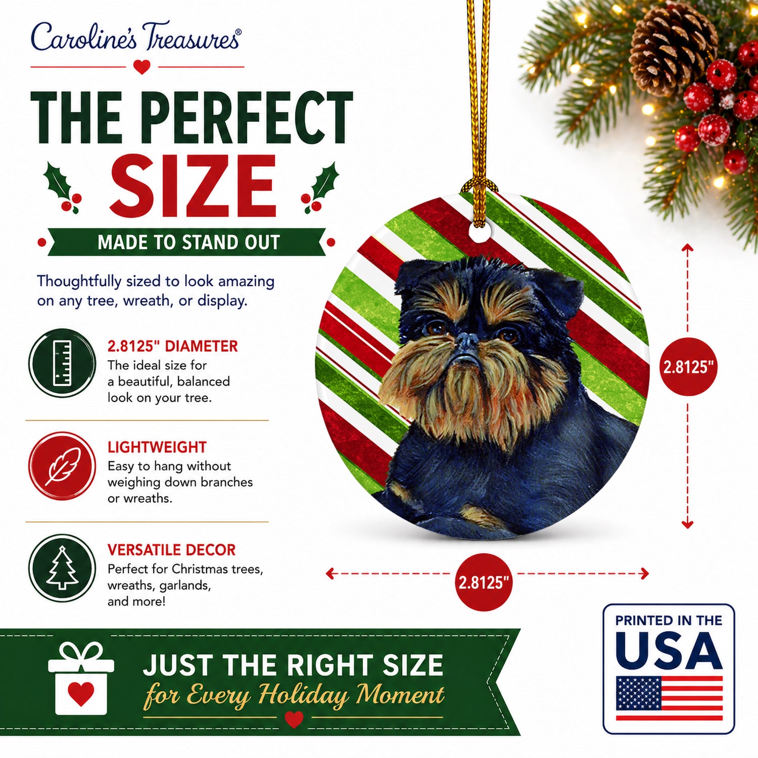 Brussels Griffon Candy Cane Holiday Christmas Ceramic Ornament Christmas Tree Hanging Decorations for Home Christmas Holiday, Party, Gift, 3 in, Multicolor