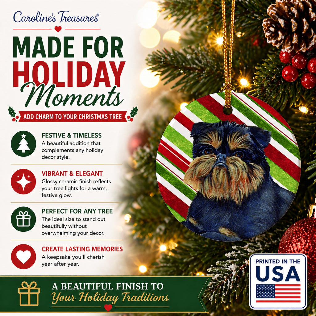 Brussels Griffon Candy Cane Holiday Christmas Ceramic Ornament Christmas Tree Hanging Decorations for Home Christmas Holiday, Party, Gift, 3 in, Multicolor