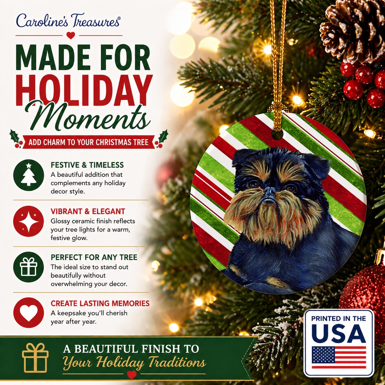Brussels Griffon Candy Cane Holiday Christmas Ceramic Ornament Christmas Tree Hanging Decorations for Home Christmas Holiday, Party, Gift, 3 in, Multicolor