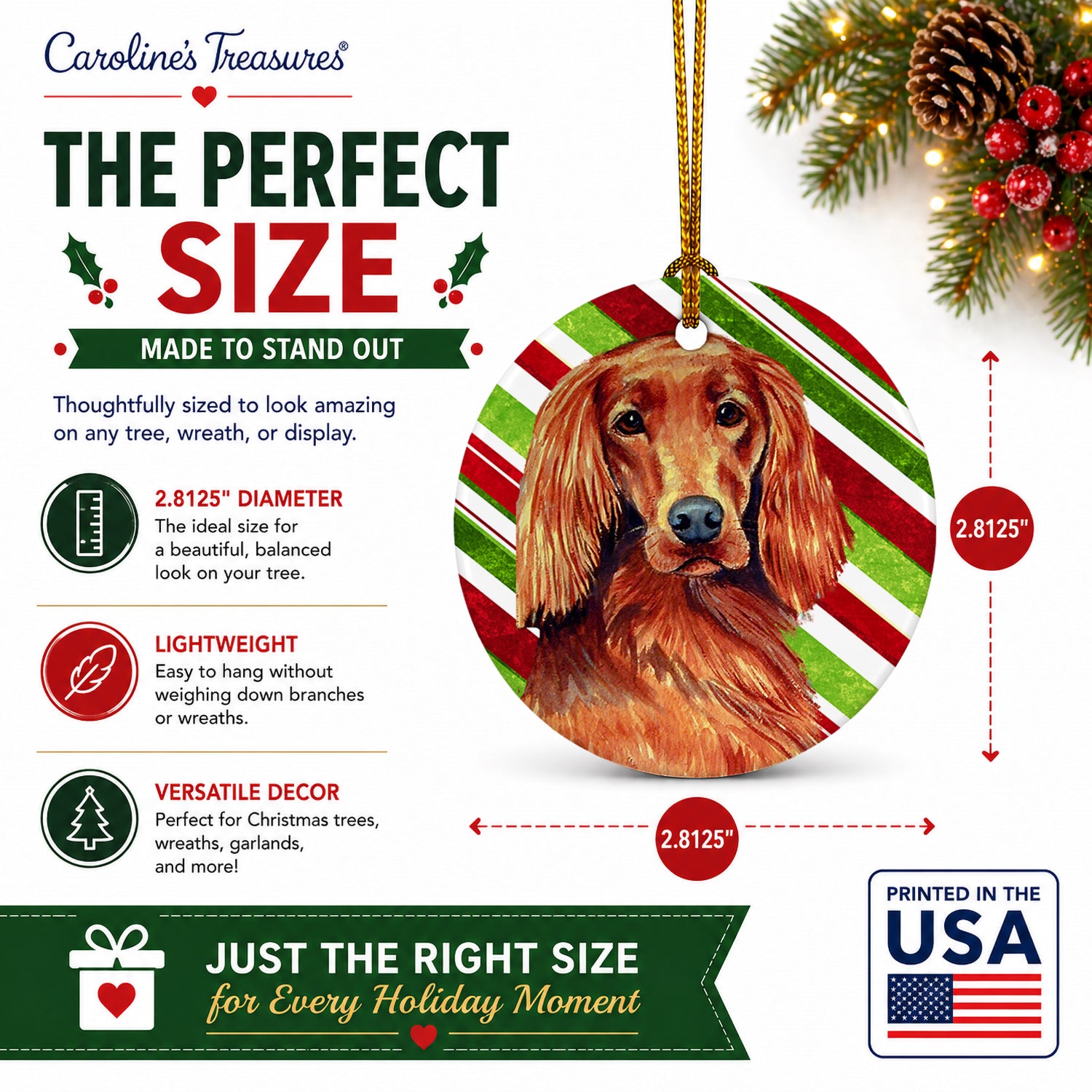 Irish Setter Candy Cane Holiday Christmas Ceramic Ornament Christmas Tree Hanging Decorations for Home Christmas Holiday, Party, Gift, 3 in, Multicolor