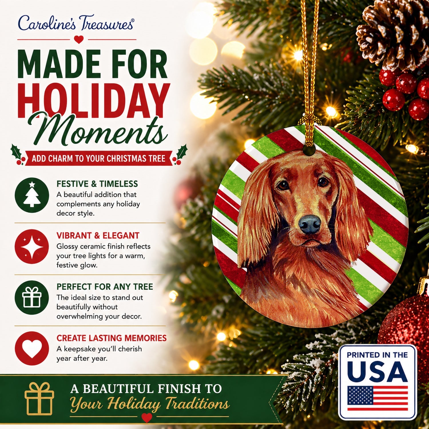 Irish Setter Candy Cane Holiday Christmas Ceramic Ornament Christmas Tree Hanging Decorations for Home Christmas Holiday, Party, Gift, 3 in, Multicolor
