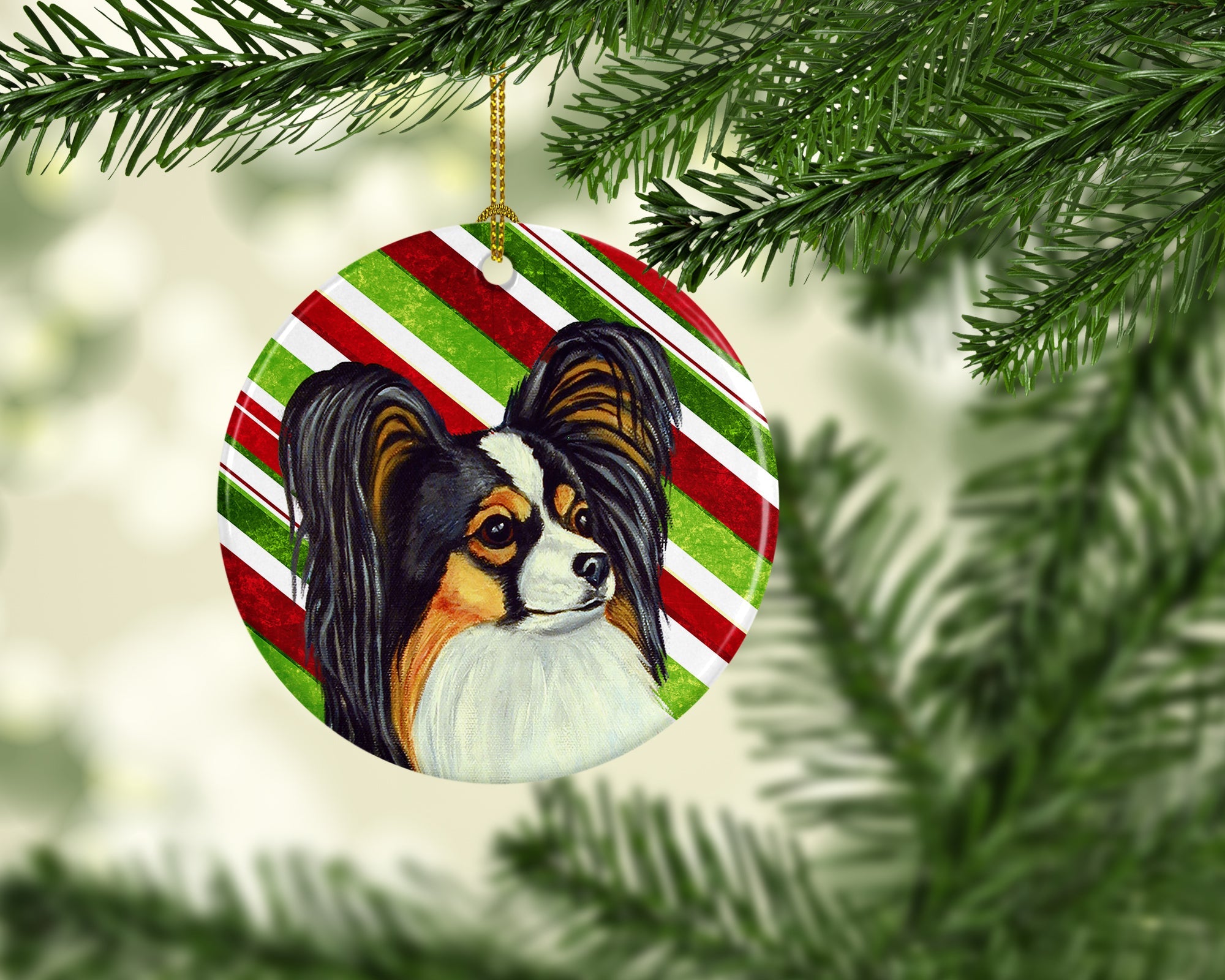 Papillon Candy Cane Holiday Christmas Ceramic Ornament Christmas Tree Hanging Decorations for Home Christmas Holiday, Party, Gift, 3 in, Multicolor
