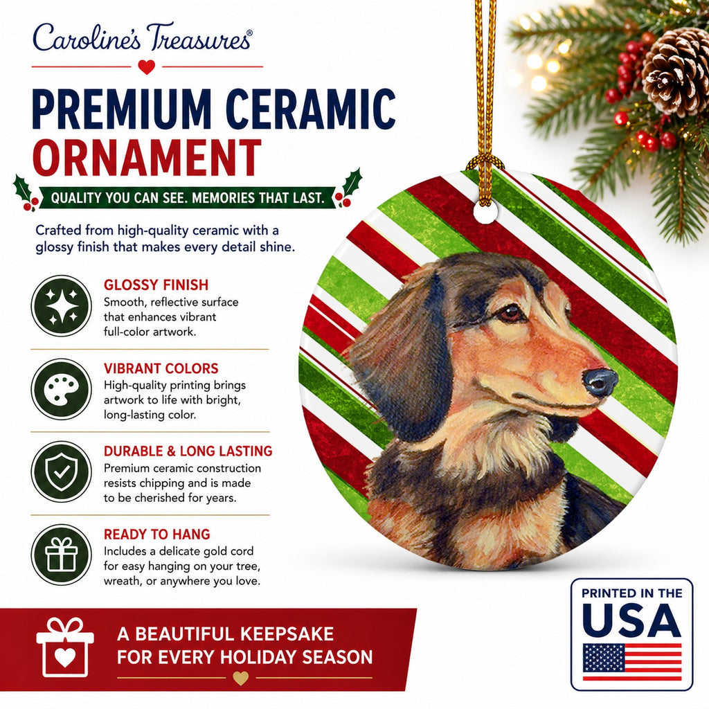 Dachshund Candy Cane Holiday Christmas Ceramic Ornament Christmas Tree Hanging Decorations for Home Christmas Holiday, Party, Gift, 3 in, Multicolor