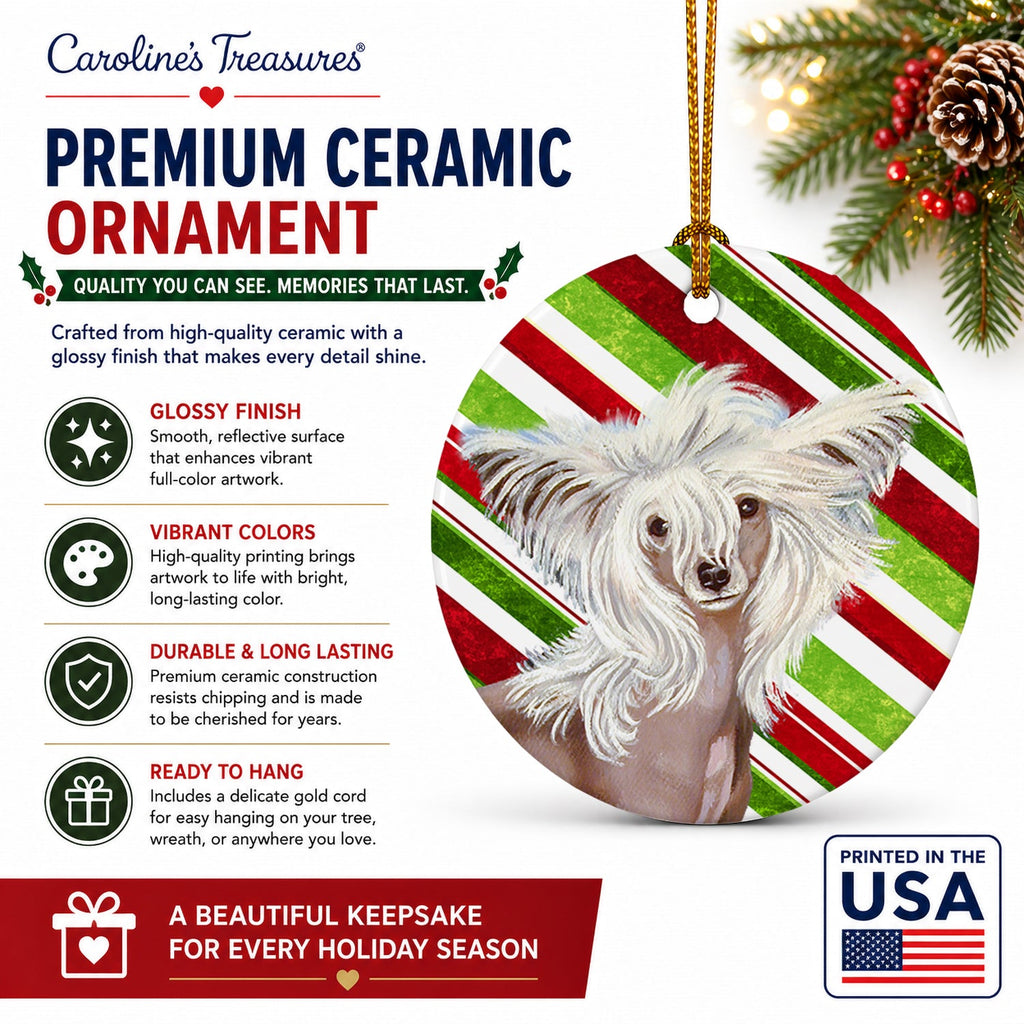 Chinese Crested Candy Cane Holiday Christmas Ceramic Ornament Christmas Tree Hanging Decorations for Home Christmas Holiday, Party, Gift, 3 in, Multicolor