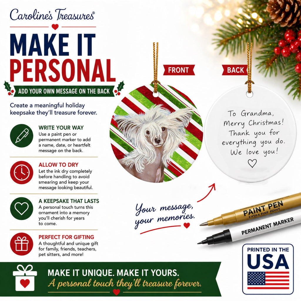 Chinese Crested Candy Cane Holiday Christmas Ceramic Ornament Christmas Tree Hanging Decorations for Home Christmas Holiday, Party, Gift, 3 in, Multicolor