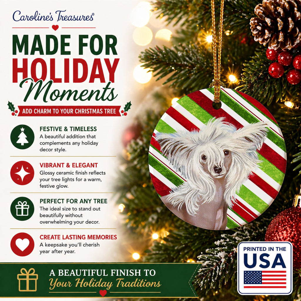 Chinese Crested Candy Cane Holiday Christmas Ceramic Ornament Christmas Tree Hanging Decorations for Home Christmas Holiday, Party, Gift, 3 in, Multicolor