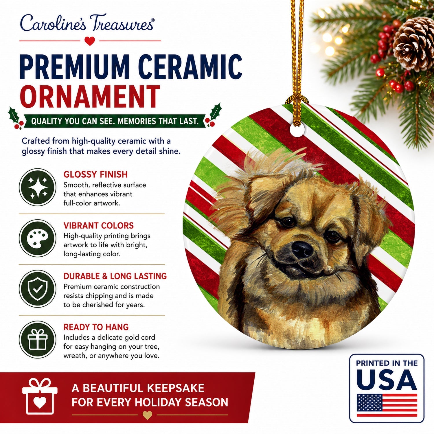 Tibetan Spaniel Candy Cane Holiday Christmas Ceramic Ornament Christmas Tree Hanging Decorations for Home Christmas Holiday, Party, Gift, 3 in, Multicolor