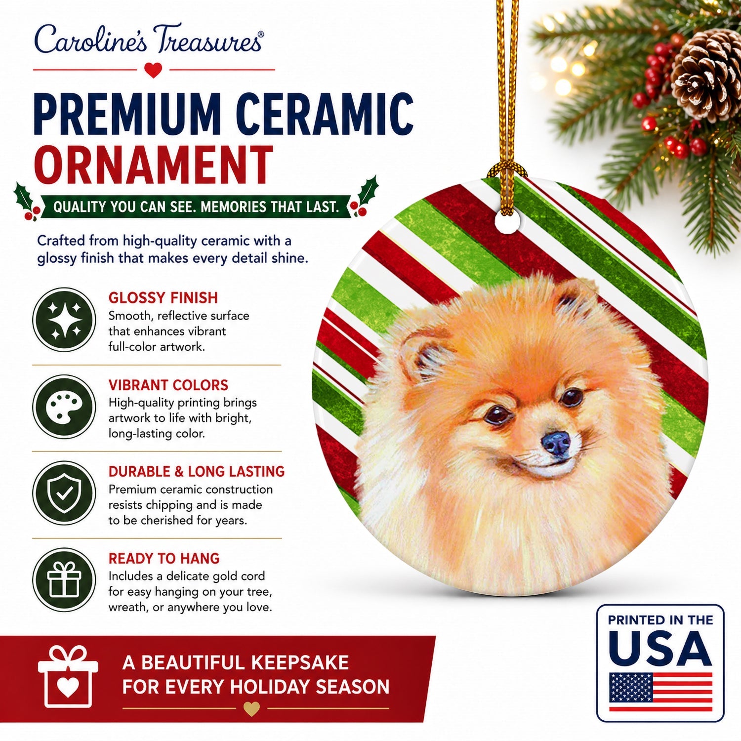 Pomeranian Candy Cane Holiday Christmas Ceramic Ornament Christmas Tree Hanging Decorations for Home Christmas Holiday, Party, Gift, 3 in, Multicolor