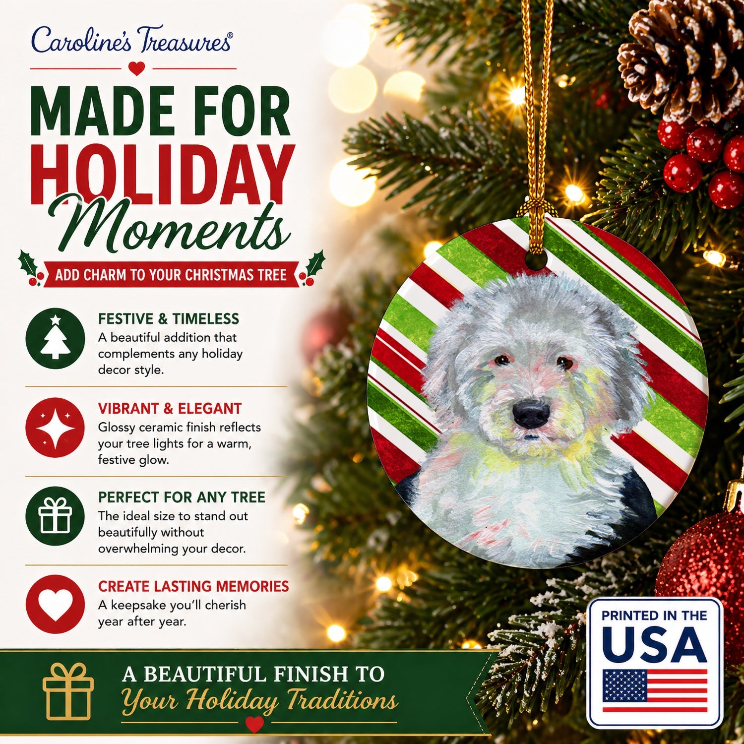 Old English Sheepdog Candy Cane Holiday Christmas Ceramic Ornament Christmas Tree Hanging Decorations for Home Christmas Holiday, Party, Gift, 3 in, Multicolor