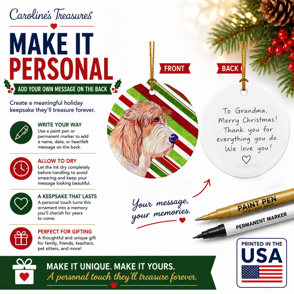 Petit Basset Griffon Vendeen Candy Cane Holiday Christmas Ceramic Ornament Christmas Tree Hanging Decorations for Home Christmas Holiday, Party, Gift, 3 in, Multicolor