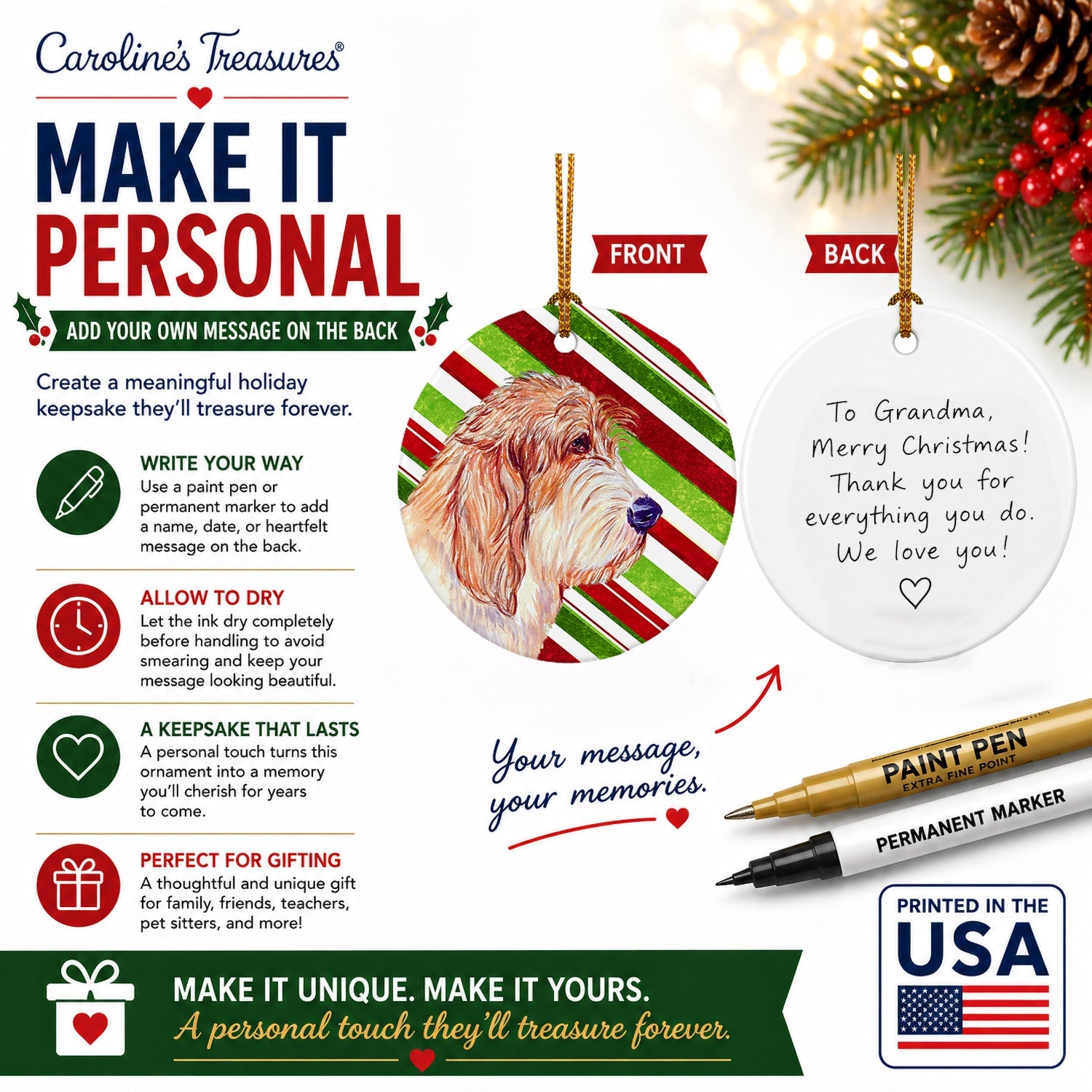 Petit Basset Griffon Vendeen Candy Cane Holiday Christmas Ceramic Ornament Christmas Tree Hanging Decorations for Home Christmas Holiday, Party, Gift, 3 in, Multicolor
