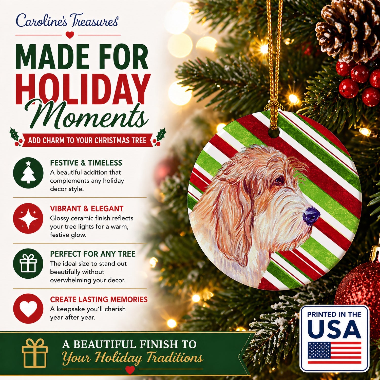 Petit Basset Griffon Vendeen Candy Cane Holiday Christmas Ceramic Ornament Christmas Tree Hanging Decorations for Home Christmas Holiday, Party, Gift, 3 in, Multicolor