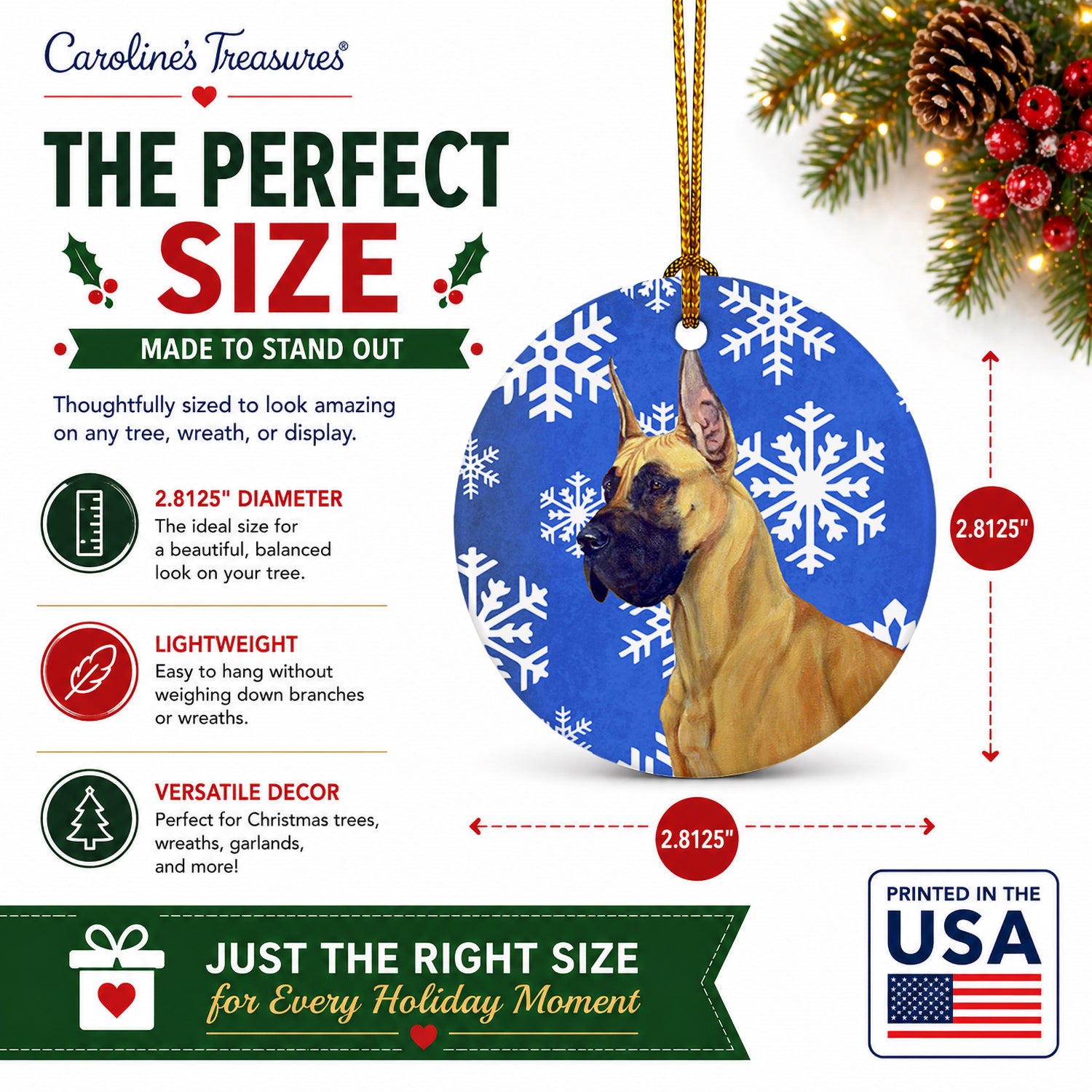 Great Dane Winter Snowflakes Holiday Ceramic Ornament Christmas Tree Hanging Decorations for Home Christmas Holiday, Party, Gift, 3 in, Multicolor