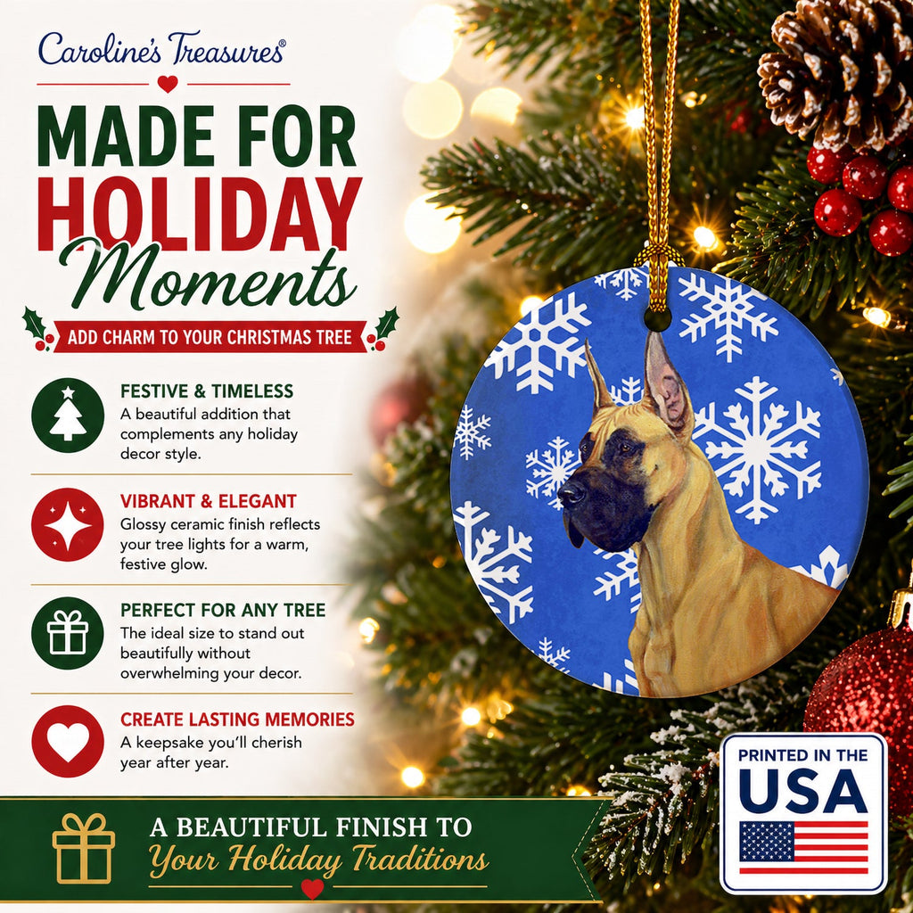 Great Dane Winter Snowflakes Holiday Ceramic Ornament Christmas Tree Hanging Decorations for Home Christmas Holiday, Party, Gift, 3 in, Multicolor