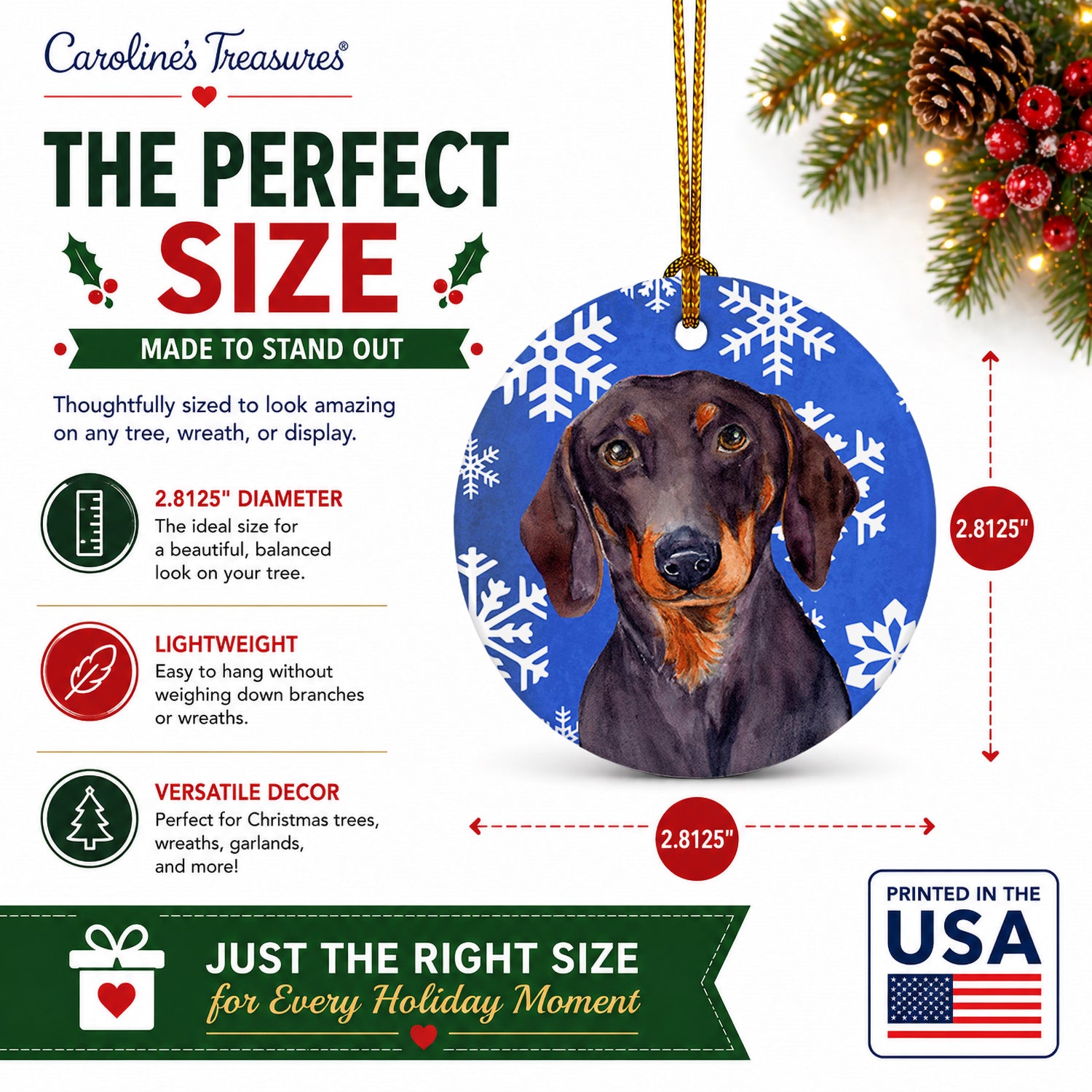Dachshund Winter Snowflakes Holiday Ceramic Ornament Christmas Tree Hanging Decorations for Home Christmas Holiday, Party, Gift, 3 in, Multicolor