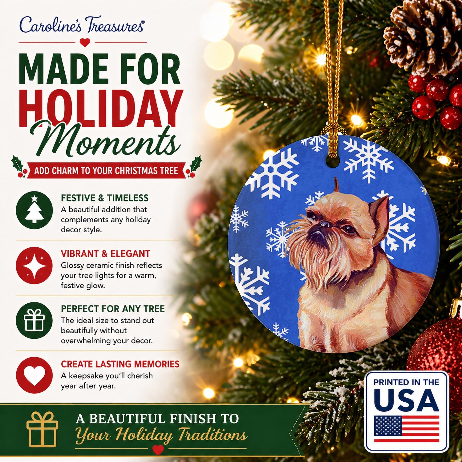 Brussels Griffon Winter Snowflakes Holiday Ceramic Ornament Christmas Tree Hanging Decorations for Home Christmas Holiday, Party, Gift, 3 in, Multicolor