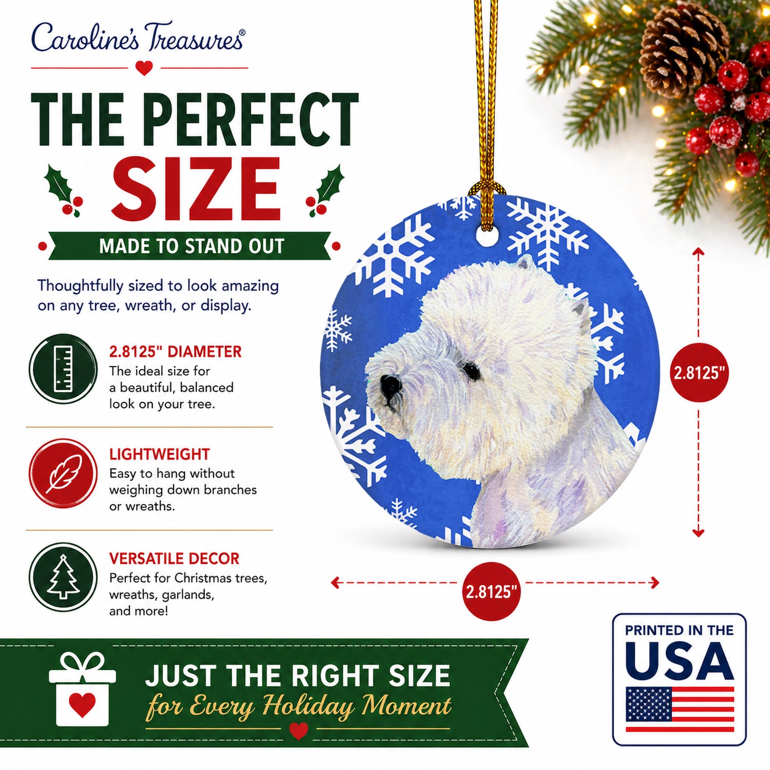 Westie Winter Snowflakes Holiday Ceramic Ornament Christmas Tree Hanging Decorations for Home Christmas Holiday, Party, Gift, 3 in, Multicolor