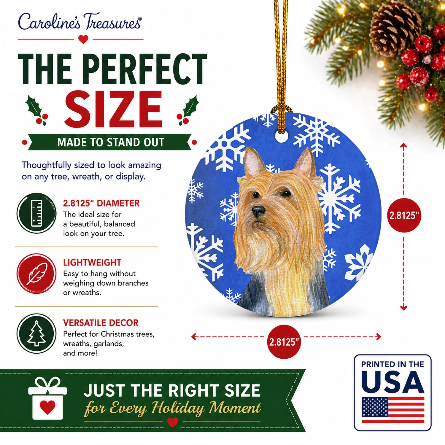 Silky Terrier Winter Snowflakes Holiday Ceramic Ornament Christmas Tree Hanging Decorations for Home Christmas Holiday, Party, Gift, 3 in, Multicolor
