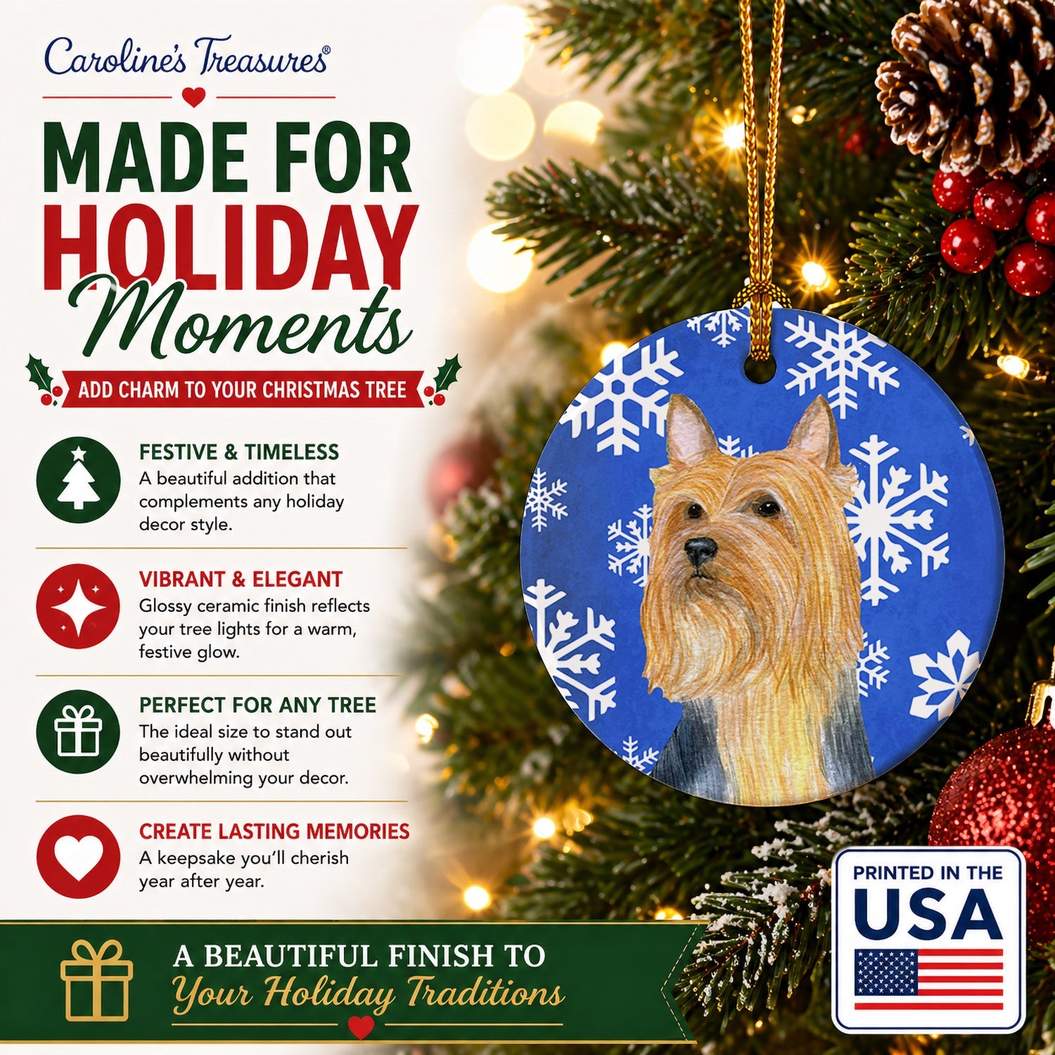 Silky Terrier Winter Snowflakes Holiday Ceramic Ornament Christmas Tree Hanging Decorations for Home Christmas Holiday, Party, Gift, 3 in, Multicolor