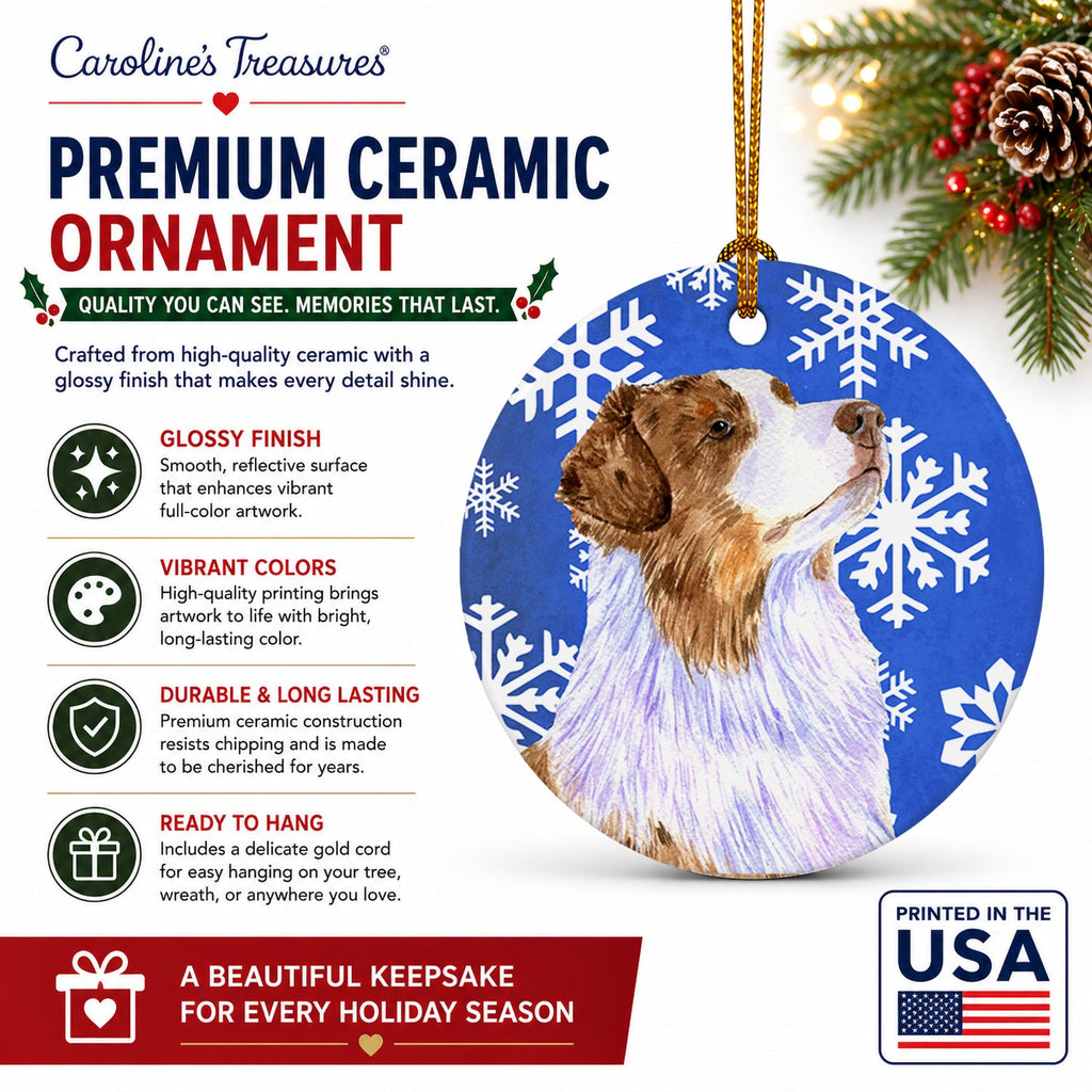 Australian Shepherd Winter Snowflakes Holiday Ceramic Ornament Christmas Tree Hanging Decorations for Home Christmas Holiday, Party, Gift, 3 in, Multicolor