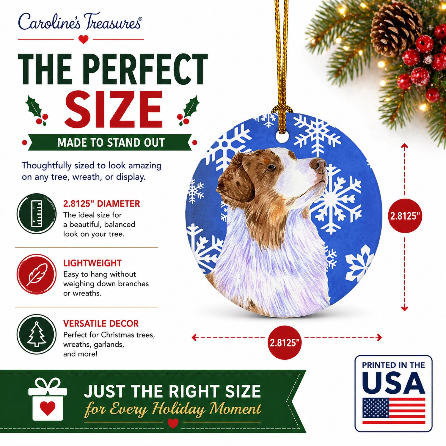 Australian Shepherd Winter Snowflakes Holiday Ceramic Ornament Christmas Tree Hanging Decorations for Home Christmas Holiday, Party, Gift, 3 in, Multicolor