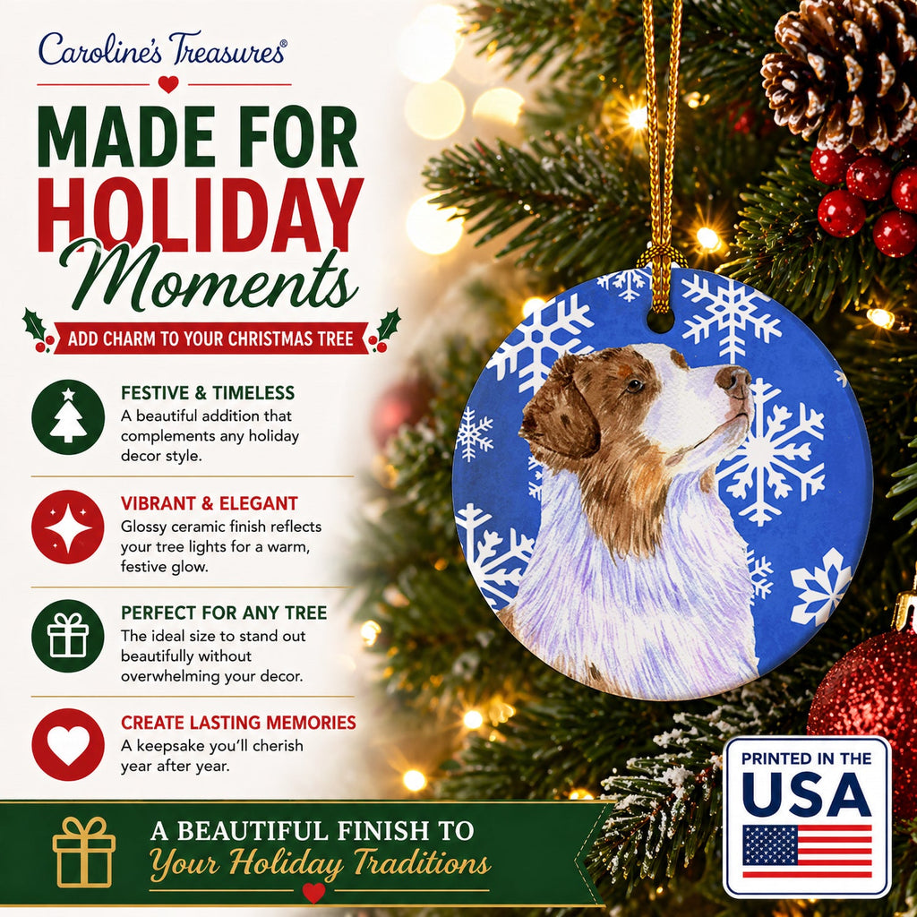 Australian Shepherd Winter Snowflakes Holiday Ceramic Ornament Christmas Tree Hanging Decorations for Home Christmas Holiday, Party, Gift, 3 in, Multicolor